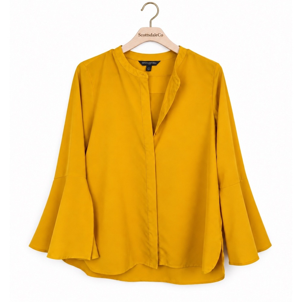 Banana Republic Bell Sleeve Blouse Womens PXS Yellow Hidden Button Workwear Top